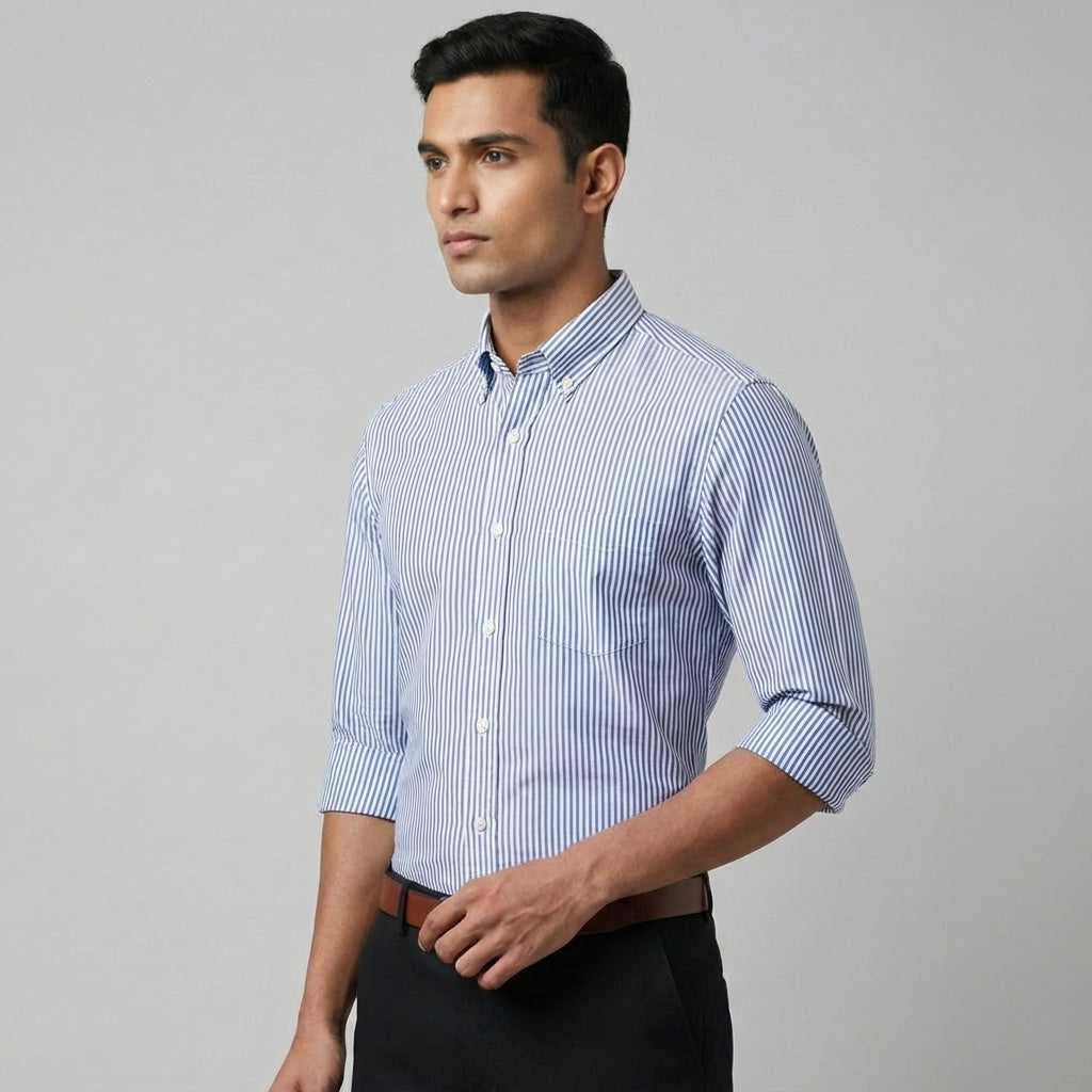 Cool Bee Super Premium Slim Fit Blue Striped Oxford Shirt for Men - Striped Premium Oxford Shirt India - Lifestyle View