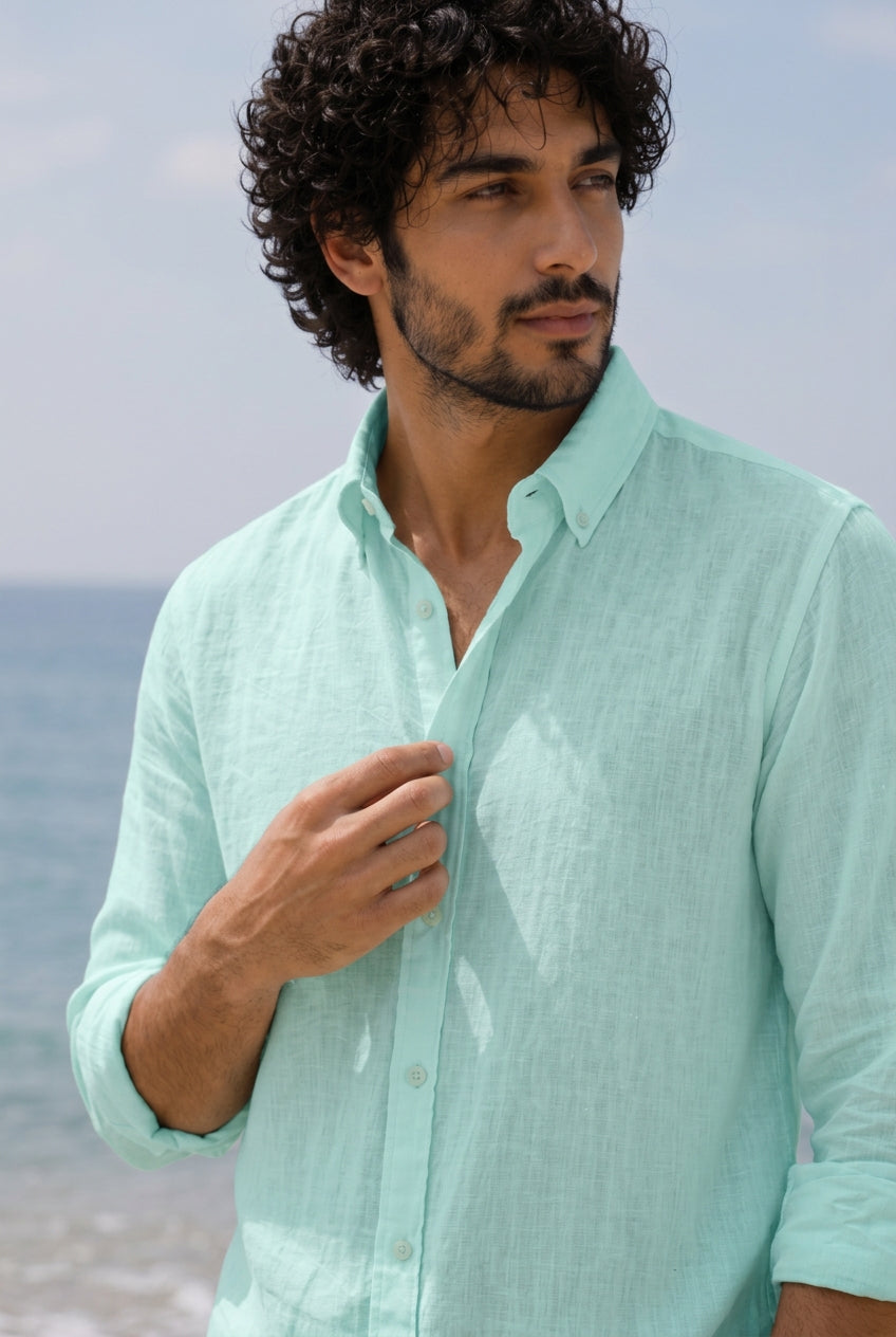 Cool Bee Linen Casual Shirt Mint Green for Men - Mint Green Linen Casual Shirt Breathable India - Detail View
