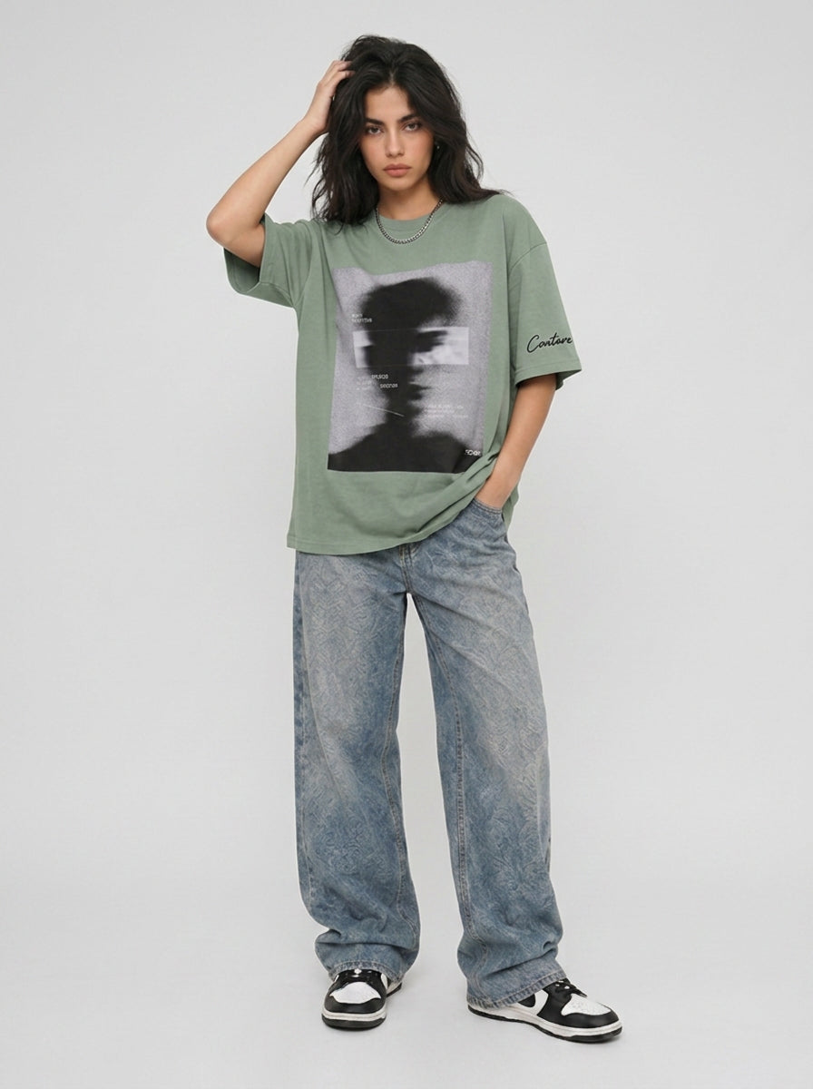 Cool Bee Blurred Vision Tee Green for Women - Oversized Graphic Tee Streetwear India - Lifestyle View