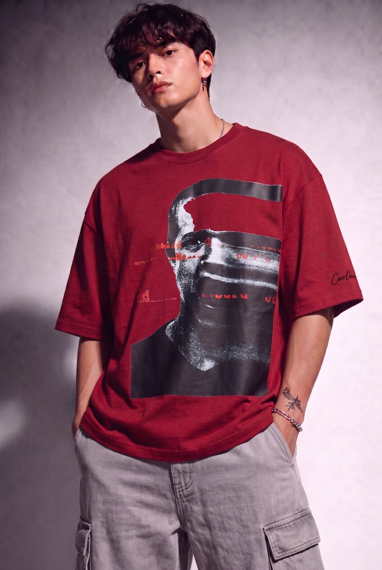 Cool Bee Glitch Portrait Tee Red for Men - Red Oversized Graphic Tee Streetwear India - Detail View