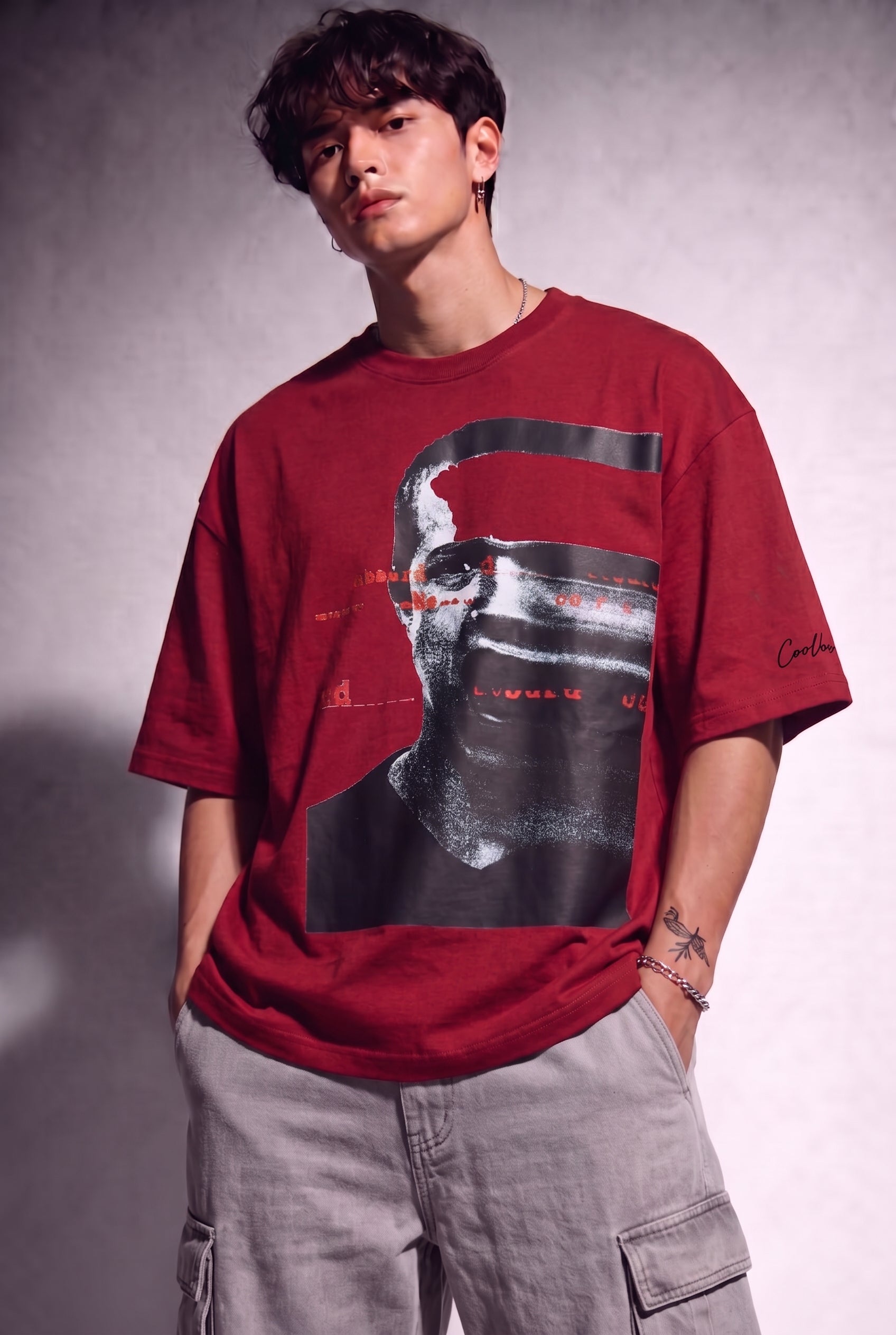Cool Bee Glitch Portrait Tee Red for Men - Red Oversized Graphic Tee Streetwear India - Detail View
