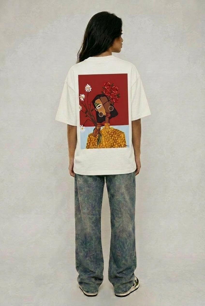 Cool Bee Cubist Bloom Oversize Tee White for Women - Oversized Graphic Tee Streetwear India - Detail View