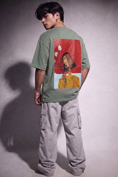 Cool Bee Cubist Bloom Oversize Tee Green for Men - Green Oversized Graphic Tee Streetwear India - Detail View