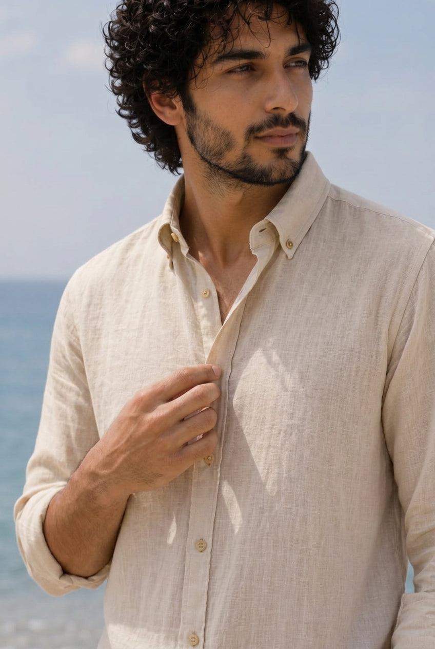 Cool Bee Linen Casual Shirt Beige for Men - Beige Linen Casual Shirt Breathable India - Lifestyle View
