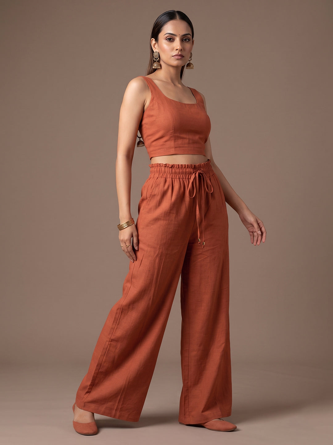 Linen Blend Trouser - Rust