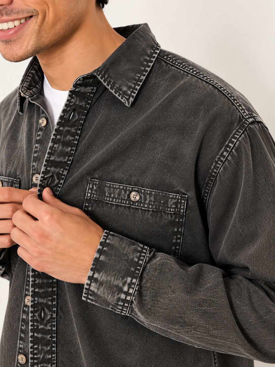 Cool Bee Urban Charcoal Denim Overshirt – close-up of washed denim collar, metal buttons and flap pocket