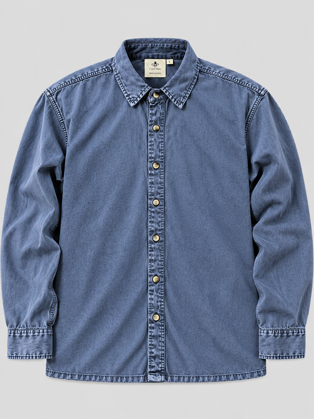 Cool Bee Midnight Blue Heritage Denim Shirt – flat lay front view of midnight blue denim shirt