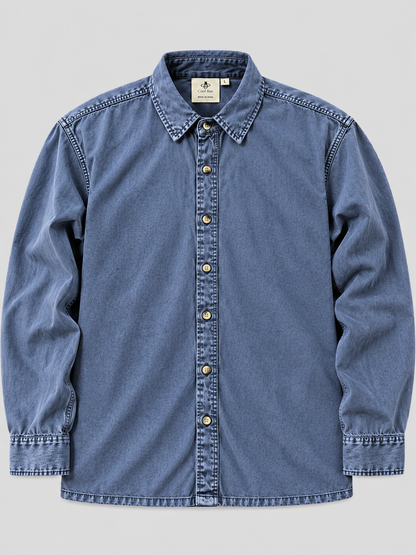 Cool Bee Midnight Blue Heritage Denim Shirt – flat lay front view of midnight blue denim shirt