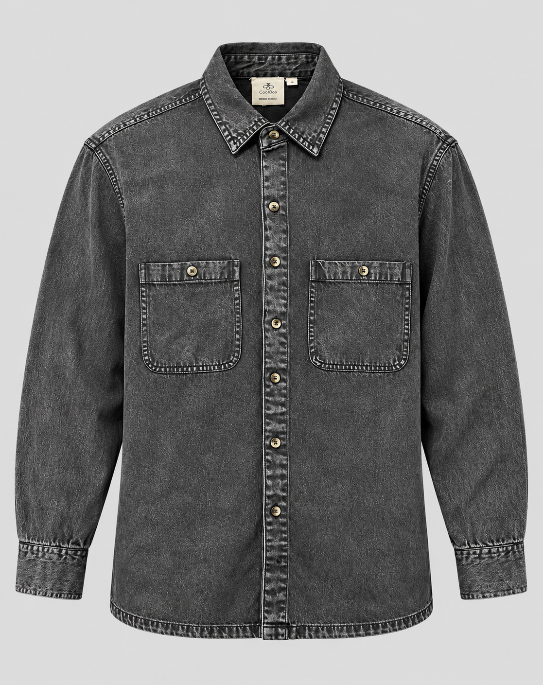 Cool Bee Urban Charcoal Denim Overshirt – flat lay front view with two flap chest pockets
