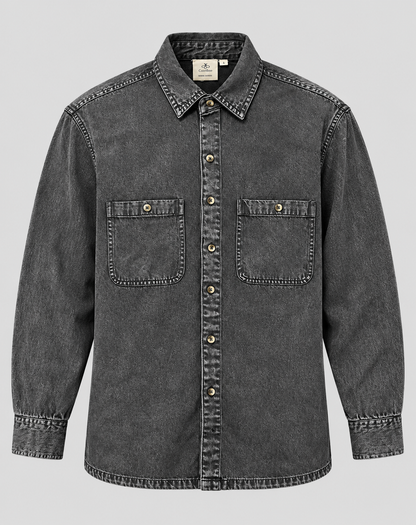Cool Bee Urban Charcoal Denim Overshirt – flat lay front view with two flap chest pockets