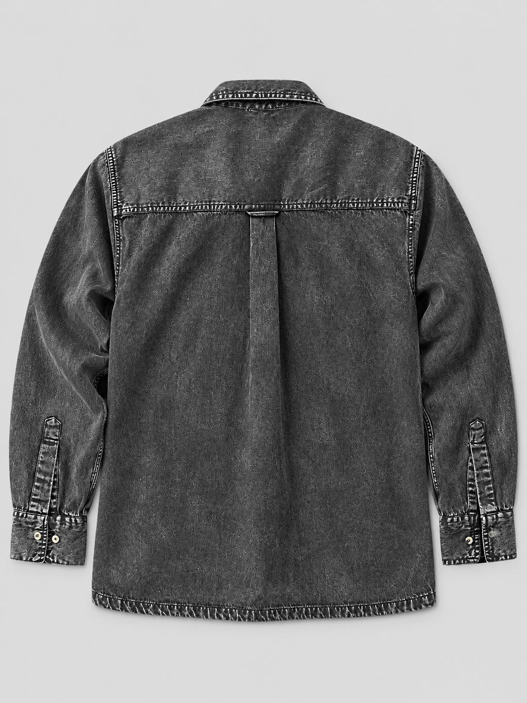 Cool Bee Urban Charcoal Denim Overshirt – flat lay back view of washed charcoal denim