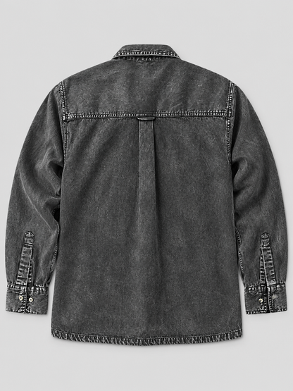 Cool Bee Urban Charcoal Denim Overshirt – flat lay back view of washed charcoal denim