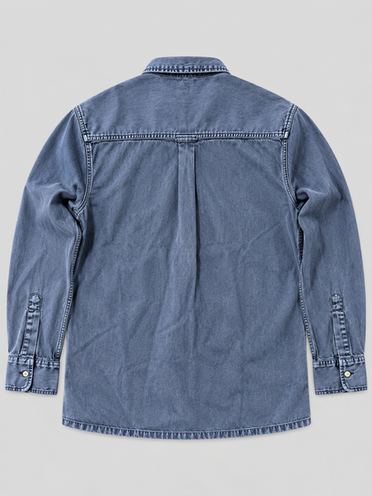 Cool Bee Midnight Blue Heritage Denim Shirt – flat lay back view of midnight blue denim shirt