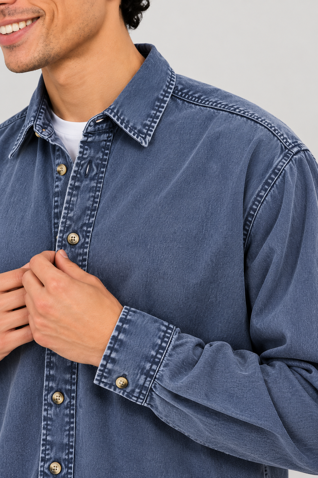 Cool Bee Midnight Blue Heritage Denim Shirt – close-up of washed denim collar and metal snap buttons