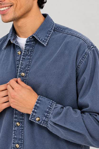 Cool Bee Midnight Blue Heritage Denim Shirt – close-up of washed denim collar and metal snap buttons
