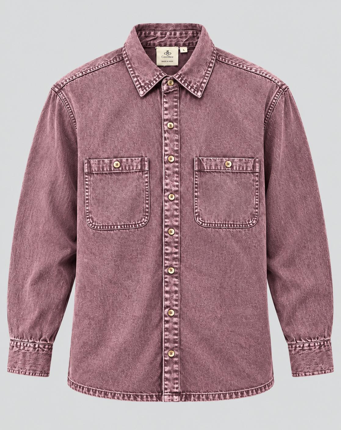 Cool Bee Mauve Wine Denim Washed Shirt – flat lay front view with two flap chest pockets