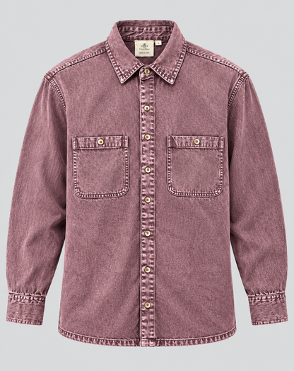 Cool Bee Mauve Wine Denim Washed Shirt – flat lay front view with two flap chest pockets