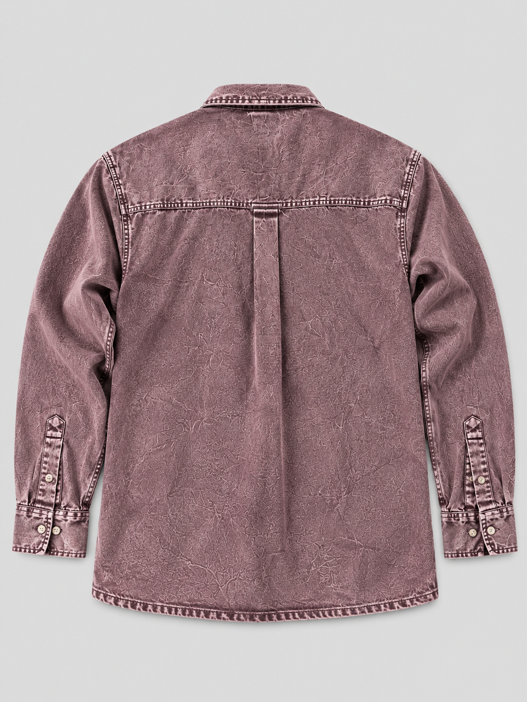 Cool Bee Mauve Wine Denim Washed Shirt – flat lay back view of washed mauve denim