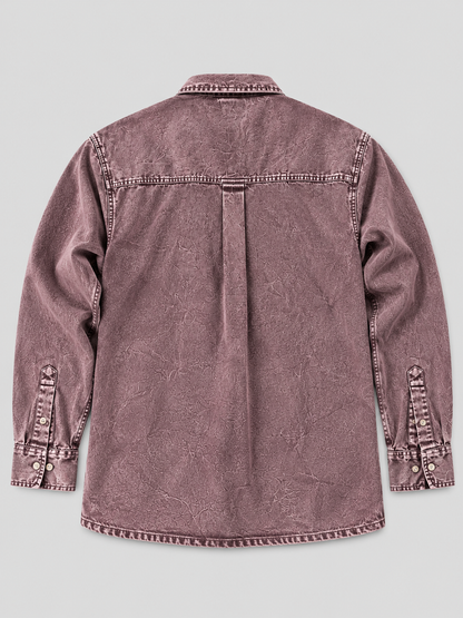 Cool Bee Mauve Wine Denim Washed Shirt – flat lay back view of washed mauve denim