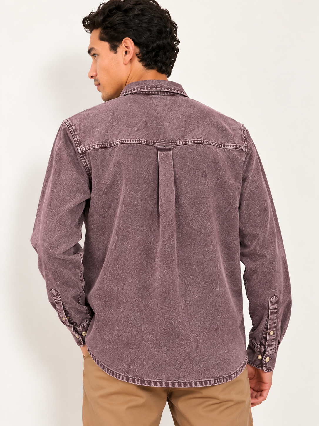 Cool Bee Mauve Wine Denim Washed Shirt – back view showing box pleat and curved hem