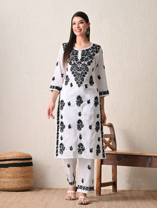 Monochrome Elegance Hand-Embroidered Chikankari Kurta & Pant Set