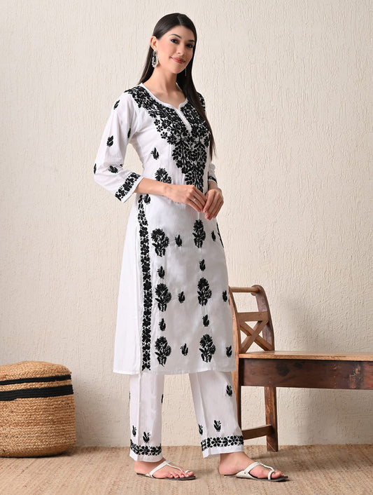 Monochrome Elegance Hand-Embroidered Chikankari Kurta & Pant Set