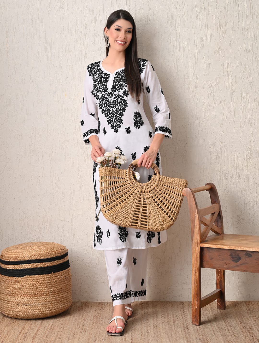 Monochrome Elegance Hand-Embroidered Chikankari Kurta & Pant Set