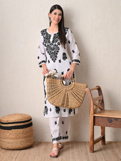Monochrome Elegance Hand-Embroidered Chikankari Kurta & Pant Set