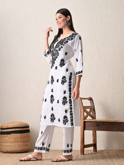 Monochrome Elegance Hand-Embroidered Chikankari Kurta & Pant Set