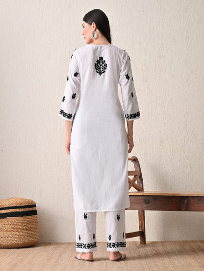 Monochrome Elegance Hand-Embroidered Chikankari Kurta & Pant Set