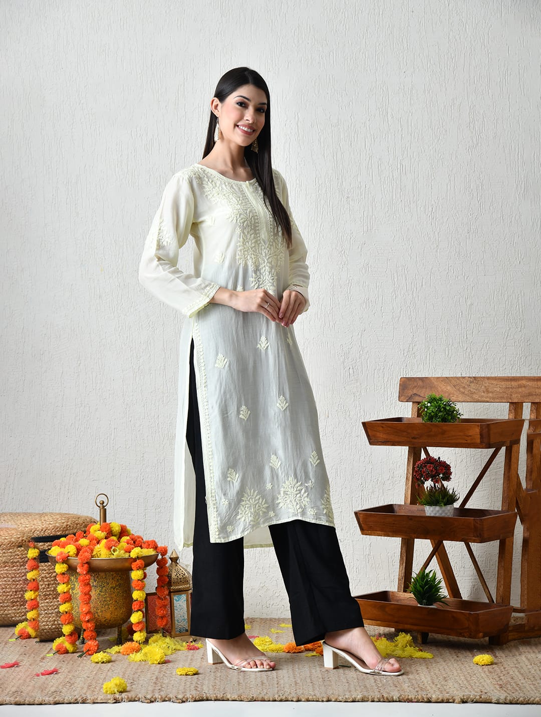 Ivory Whisper Hand-Embroidered Chikankari Fusion Kurta