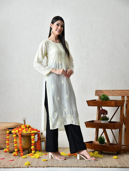 Ivory Whisper Hand-Embroidered Chikankari Fusion Kurta