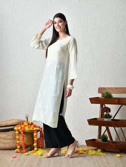 Ivory Whisper Hand-Embroidered Chikankari Fusion Kurta