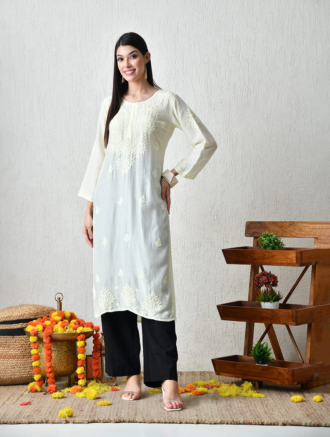 Ivory Whisper Hand-Embroidered Chikankari Fusion Kurta