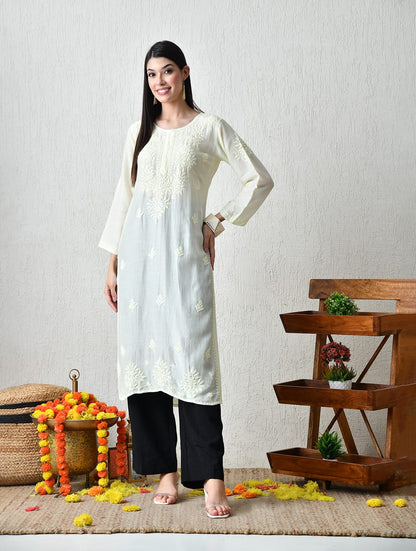 Ivory Whisper Hand-Embroidered Chikankari Fusion Kurta