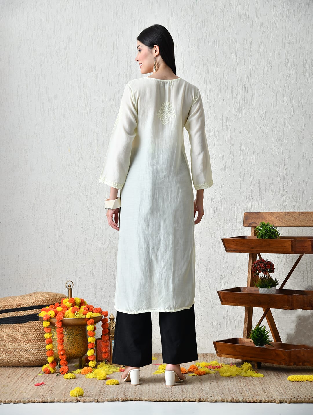 Ivory Whisper Hand-Embroidered Chikankari Fusion Kurta