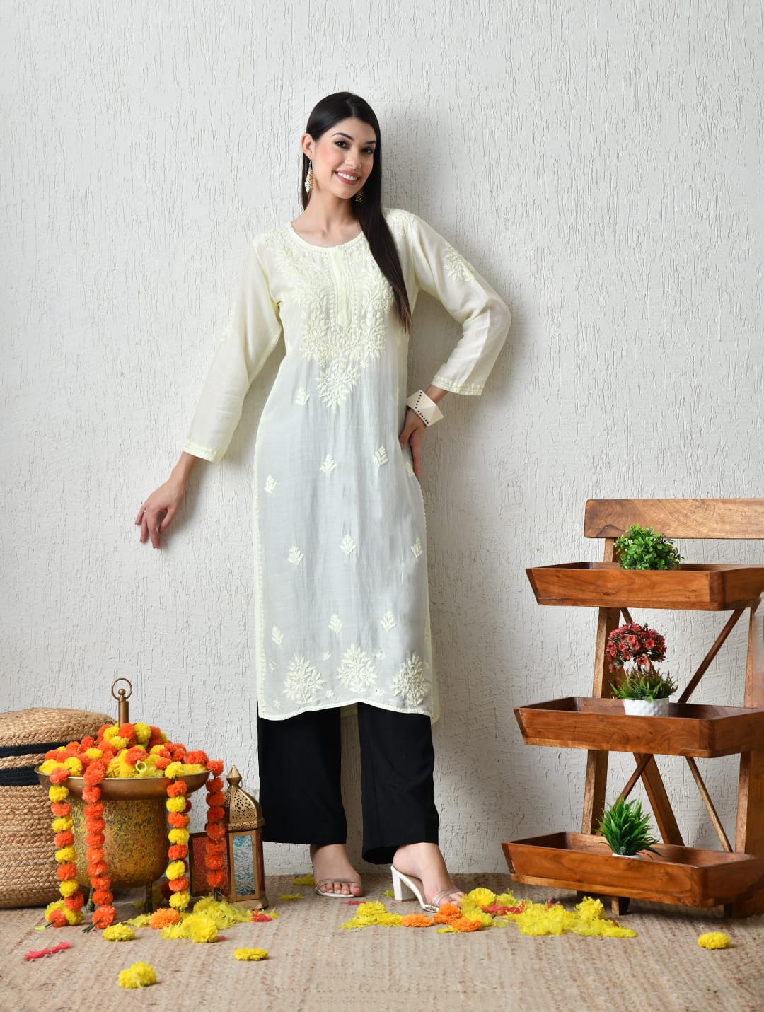 Ivory Whisper Hand-Embroidered Chikankari Fusion Kurta
