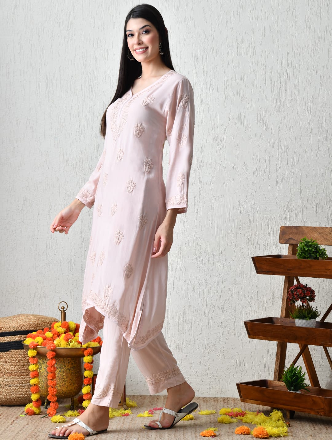 Blossom Blush Hand-Embroidered Chikankari Kurta Set