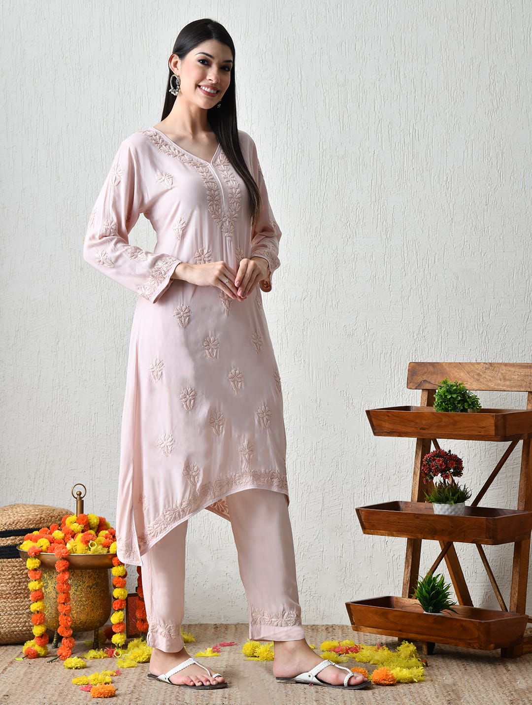 Blossom Blush Hand-Embroidered Chikankari Kurta Set