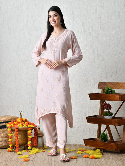 Blossom Blush Hand-Embroidered Chikankari Kurta Set
