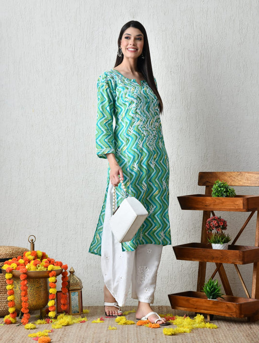 Seafoam Zig-Zag Chikankari Kurta Set