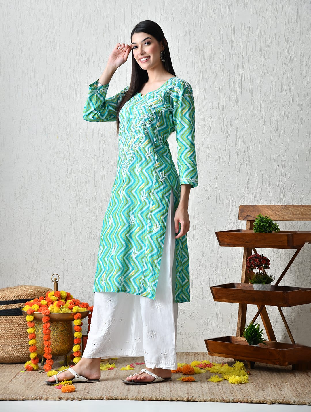 Seafoam Zig-Zag Chikankari Kurta Set