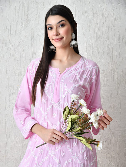Blush Pink Diamond-Pattern Chikankari Kurta Set
