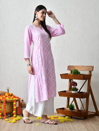Blush Pink Diamond-Pattern Chikankari Kurta Set