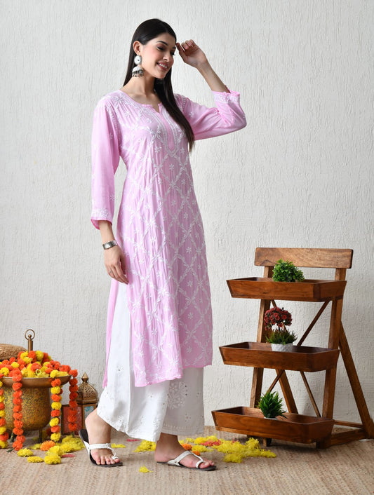 Blush Pink Diamond-Pattern Chikankari Kurta Set
