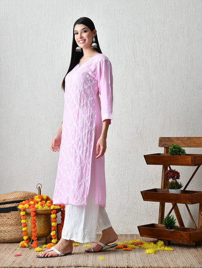 Blush Pink Diamond-Pattern Chikankari Kurta Set