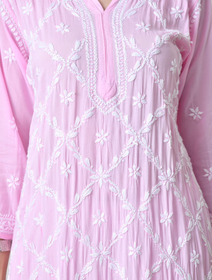 Blush Pink Diamond-Pattern Chikankari Kurta Set
