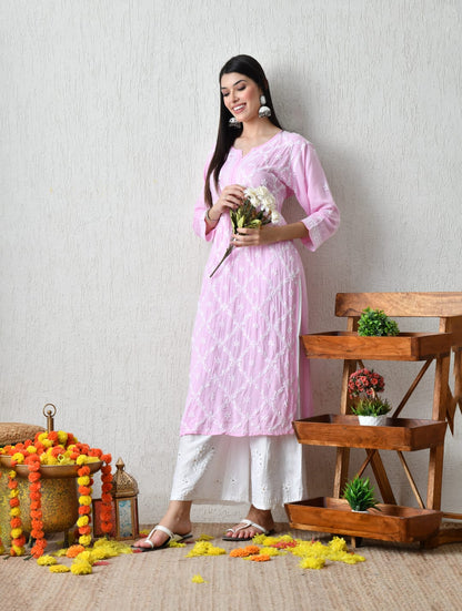Blush Pink Diamond-Pattern Chikankari Kurta Set
