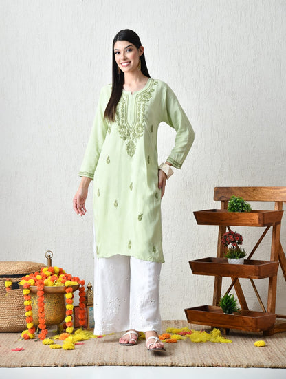 Midnight Green & Ochre Zig-Zag Chikankari Kurta Set