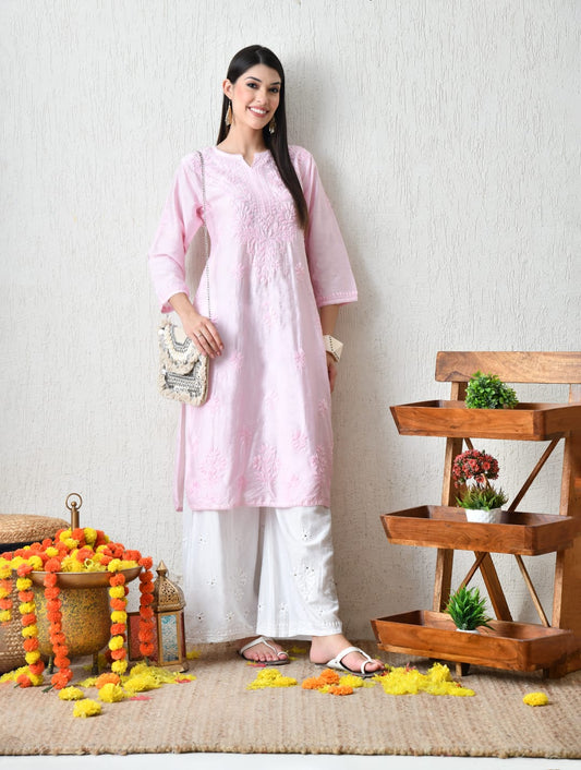 Blush Blossom Hand-Embroidered Chikankari Kurta Set